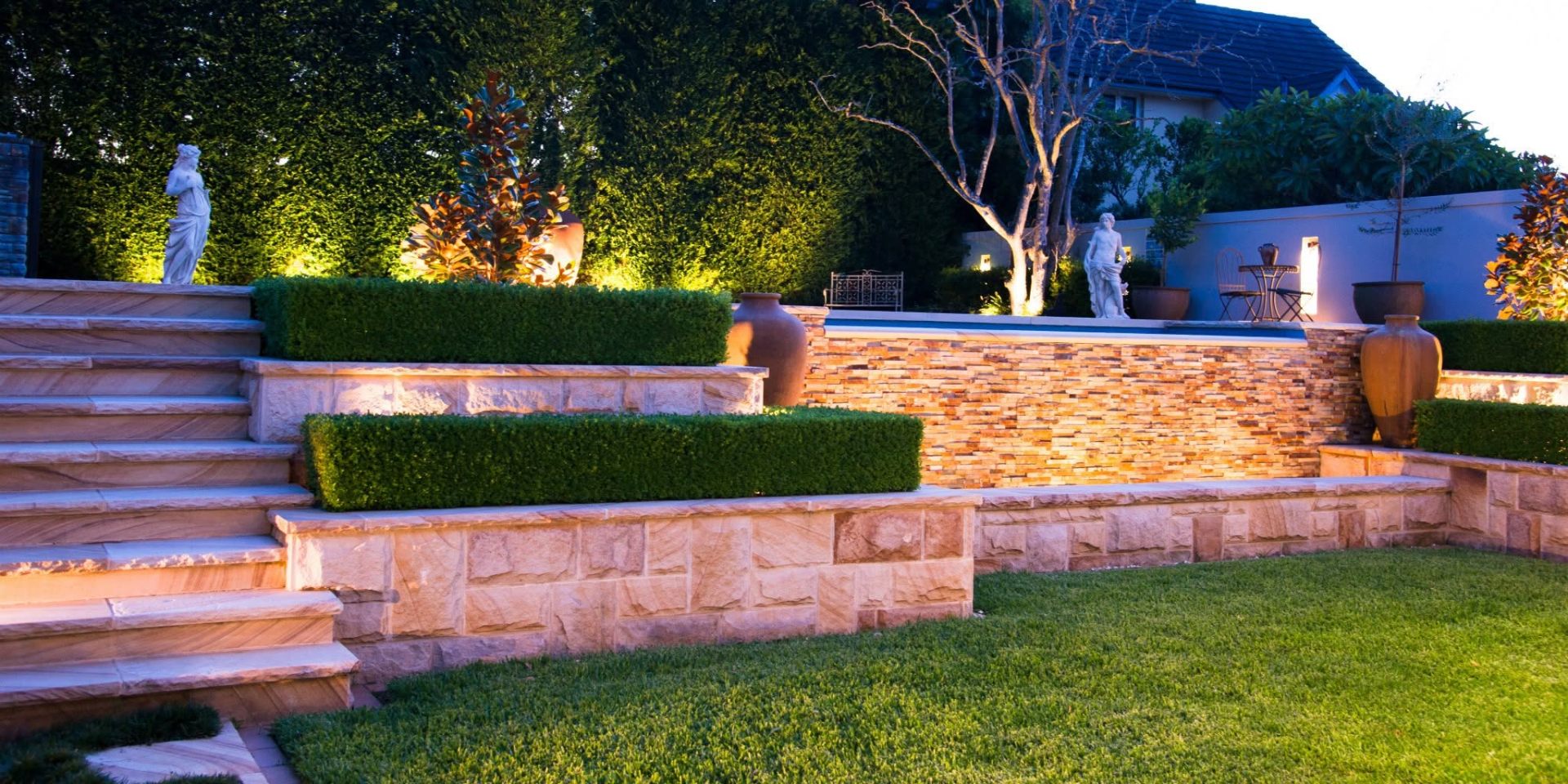Sandstone Tiered Garden at Dusk — Strathfield, Sydney